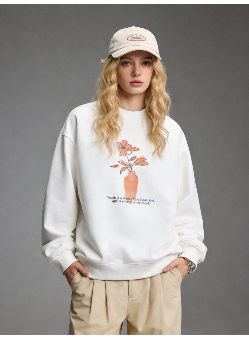 بيإم إنس BM INS Off-White "Vase & Floral" Watercolor Oversized Crew Neck Sweatshirt | Unisex Pullover With "Youth is a thing of the heart" Slogan - Image 2